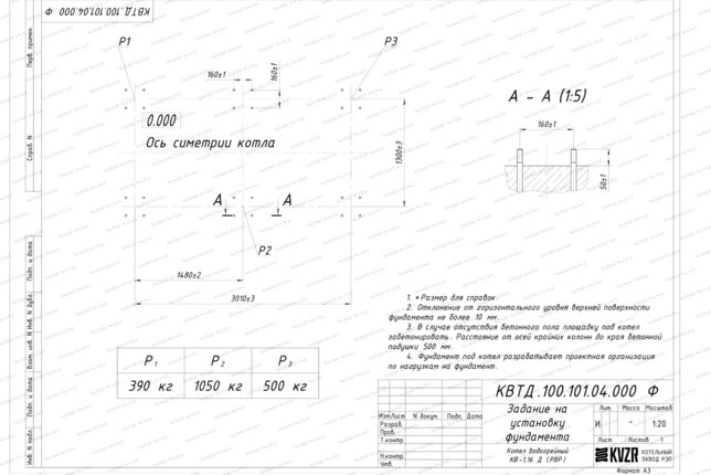 Чертеж фундамента котла на дровах 1160 кВт с ОУР